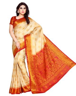 Mimosa Beige Art Silk Kanchipuram Style Saree With Blouse 2