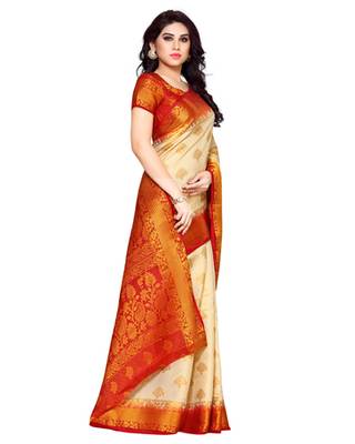 Mimosa Beige Art Silk Kanchipuram Style Saree With Blouse 3