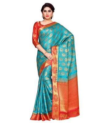 Mimosa Turquoise Blue Art Silk Kanchipuram Style Saree With Blouse 1