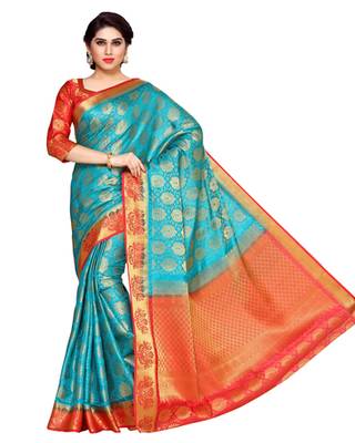 Mimosa Turquoise Blue Art Silk Kanchipuram Style Saree With Blouse 2