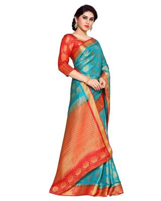 Mimosa Turquoise Blue Art Silk Kanchipuram Style Saree With Blouse 3