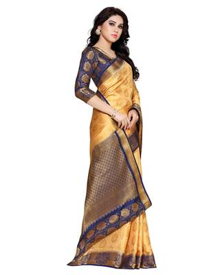 Mimosa Cream Art Silk Kanchipuram Style Saree With Blouse 3