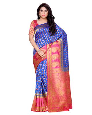 Mimosa Blue Art Silk Kanchipuram Style Saree With Blouse 1