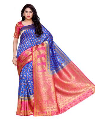 Mimosa Blue Art Silk Kanchipuram Style Saree With Blouse 2