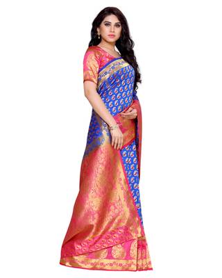 Mimosa Blue Art Silk Kanchipuram Style Saree With Blouse 3