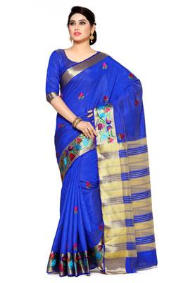 Mimosa Blue Tussar Silk Kanjivaram Style Saree With Blouse 1