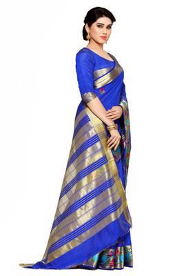 Mimosa Blue Tussar Silk Kanjivaram Style Saree With Blouse 3