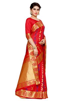Mimosa Red Art Silk Kanjivaram Style Saree With Blouse 3