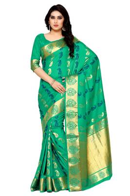 Mimosa Green Art Silk Kanjivaram Style Saree With Blouse 1