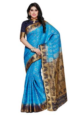 Mimosa Blue Tussar Silk Patola Kanjivaram Style Saree With Blouse 1