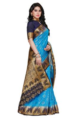 Mimosa Blue Tussar Silk Patola Kanjivaram Style Saree With Blouse 3