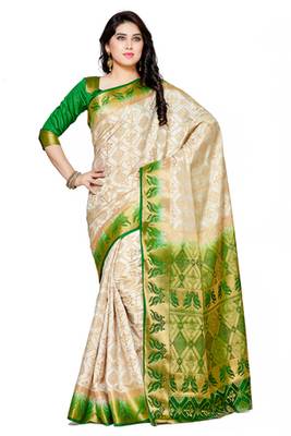 Mimosa Off White Tussar Silk Patola Kanjivaram Style Saree With Blouse 1