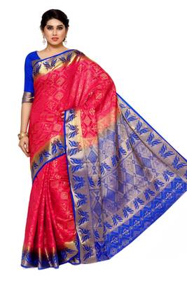 Mimosa Pink Tussar Silk Patola Faux Kanjivaram Style Saree With Blouse 2