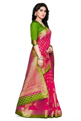 Mimosa Pink Art Silk Faux Kanjivaram Style Saree With Blouse 3