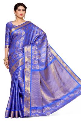 Mimosa Blue Art Silk Kanjivaram Style Saree With Blouse 2