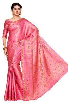 Mimosa Pink Art Silk Kanjivaram Style Saree With Blouse 2