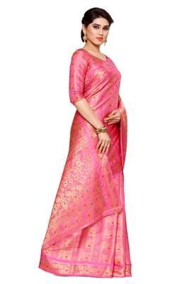 Mimosa Pink Art Silk Kanjivaram Style Saree With Blouse 3