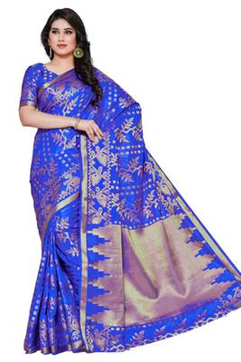 Mimosa Blue Art Silk Patola Kanjivaram Style Saree With Blouse 2