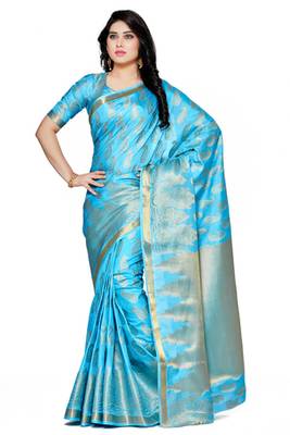 Mimosa turquoise blue art silk kanjivaram style saree with blouse 1