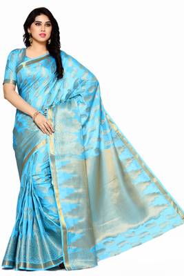 Mimosa turquoise blue art silk kanjivaram style saree with blouse 2