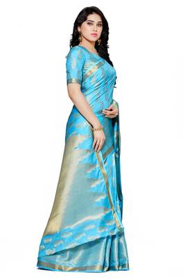 Mimosa turquoise blue art silk kanjivaram style saree with blouse 3