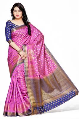 Mimosa Pink Art Silk Kanjivaram Style Saree With Blouse 2