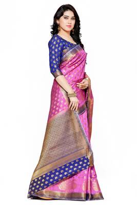Mimosa Pink Art Silk Kanjivaram Style Saree With Blouse 3