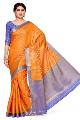 Mimosa Orange Art Silk Kanjivaram Style Saree With Blouse 2