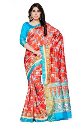 Mimosa Orange Tussar Silk Ikkatstyle Saree With Blouse 1