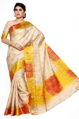 Mimosa Beige Art Silk Kanjivaram Style Saree With Blouse 2