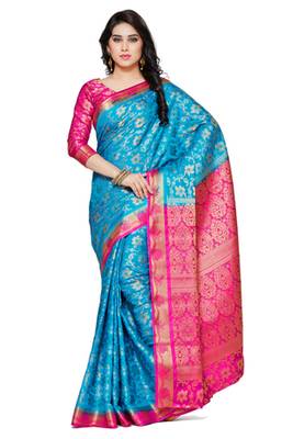 Mimosa Turquoise Blue Art Silk Faux Kanjivaram Style Saree With Blouse 1
