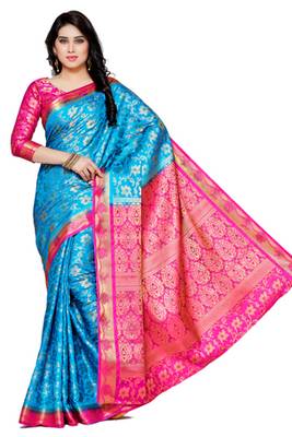 Mimosa Turquoise Blue Art Silk Faux Kanjivaram Style Saree With Blouse 2