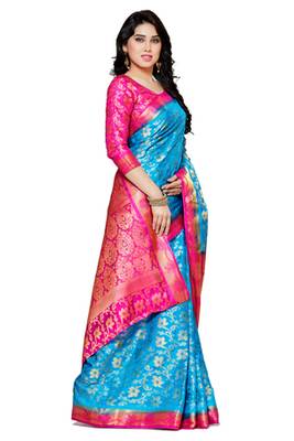 Mimosa Turquoise Blue Art Silk Faux Kanjivaram Style Saree With Blouse 3