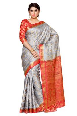 Mimosa Grey Art Silk Kanjivaram Style Saree With Blouse 1