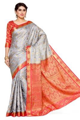 Mimosa Grey Art Silk Kanjivaram Style Saree With Blouse 2