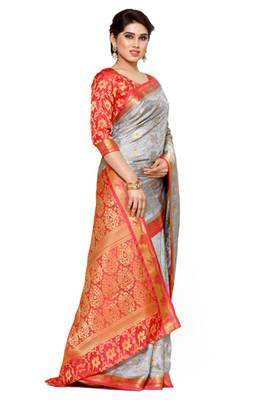 Mimosa Grey Art Silk Kanjivaram Style Saree With Blouse 3