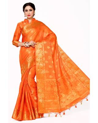 Mimosa Orange Art Silk Kanjivaram Style Saree With Blouse 2
