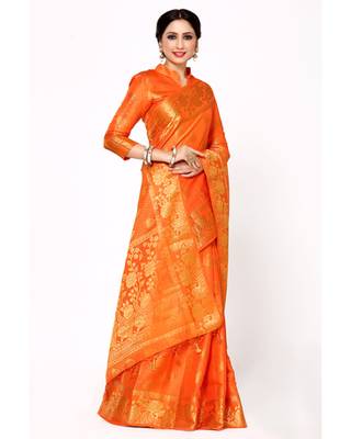 Mimosa Orange Art Silk Kanjivaram Style Saree With Blouse 3