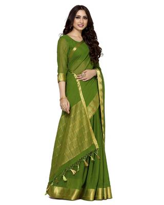 Mimosa Olive Chiffon Kanjivaram Style Saree With Blouse 3