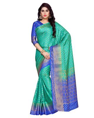 Mimosa Turquoise Blue Art Silk Kanchipuram Style Saree With Blouse 1