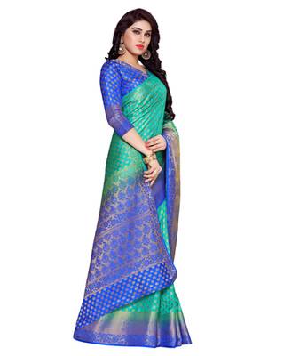 Mimosa Turquoise Blue Art Silk Kanchipuram Style Saree With Blouse 3