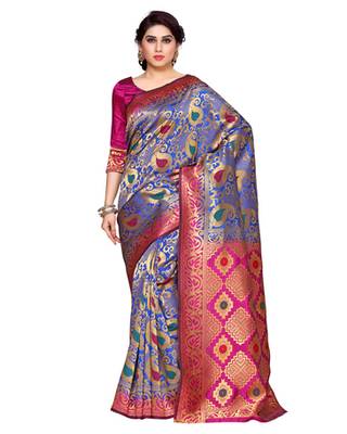 Mimosa Blue Art Silk Kanchipuram Style Saree With Blouse 1
