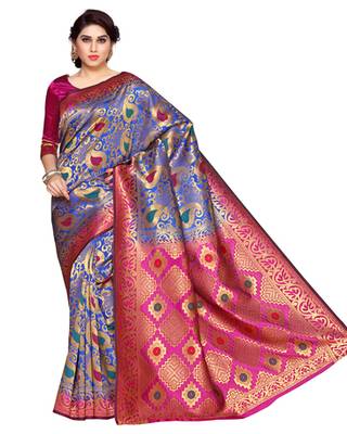 Mimosa Blue Art Silk Kanchipuram Style Saree With Blouse 2