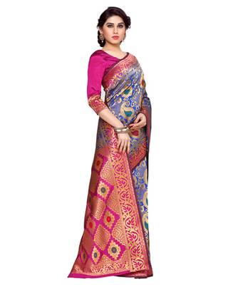 Mimosa Blue Art Silk Kanchipuram Style Saree With Blouse 3