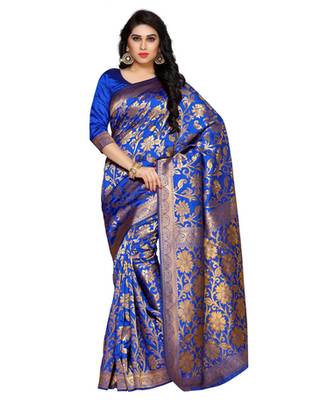 Mimosa Blue Art Silk Kanchipuram Style Saree With Blouse 1