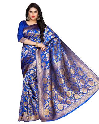 Mimosa Blue Art Silk Kanchipuram Style Saree With Blouse 2