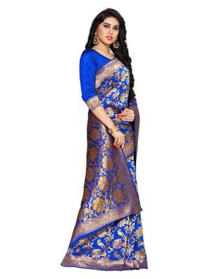 Mimosa Blue Art Silk Kanchipuram Style Saree With Blouse 3