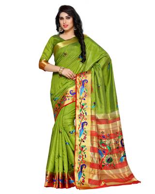 Mimosa Olive Tussar Silk Kanchipuram Style Saree With Blouse 1