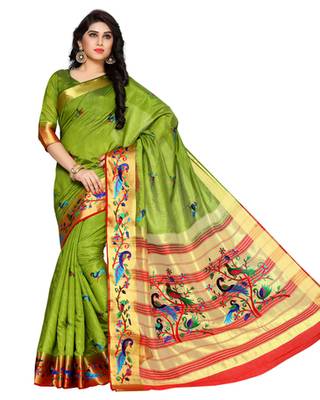Mimosa Olive Tussar Silk Kanchipuram Style Saree With Blouse 2