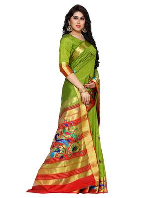Mimosa Olive Tussar Silk Kanchipuram Style Saree With Blouse 3